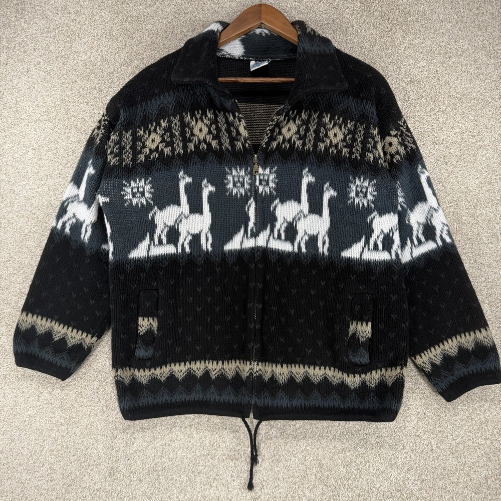 Yari Artesanias M Coat Black‎ Blue Cream 100% Wool Llama Zip Ecuador Cozy Alpaca